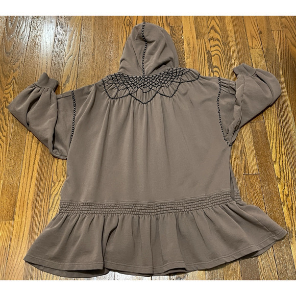 Free People Marty Smocked Sweatshirt Hooded Tunic Mini Dress Brown Bear Size Sm - Picture 6 of 12